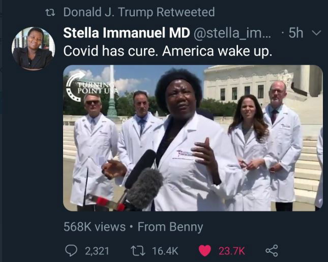 Trump e la dottoressa Stella Immanuel che ha trovato una cura per COVID-19 (no, non è vero) article-post
