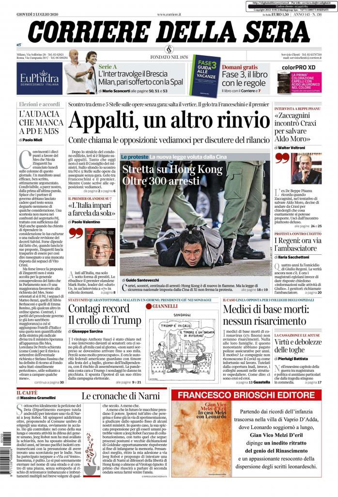 Prima Pagina Del Corriere Della Sera Le Notizie Di Oggi 2 Luglio 