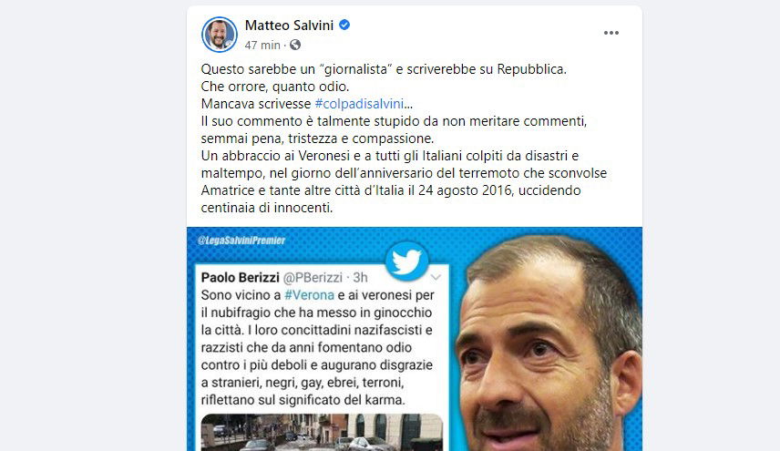 Salvini che si indigna per Berizzi e il nubifragio di Verona è lo stesso dei migranti dopo Palermo allagata? article-post