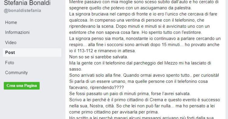 crema donna si dà fuoco
