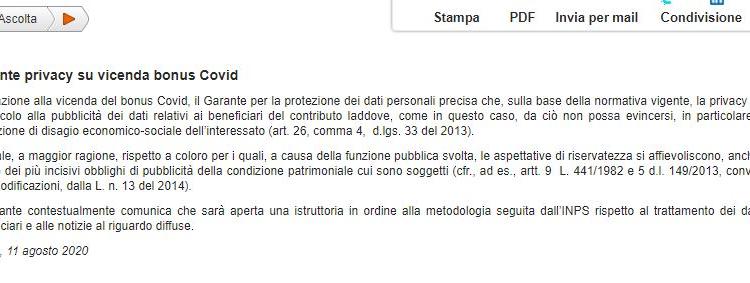 garante privacy bonus inps