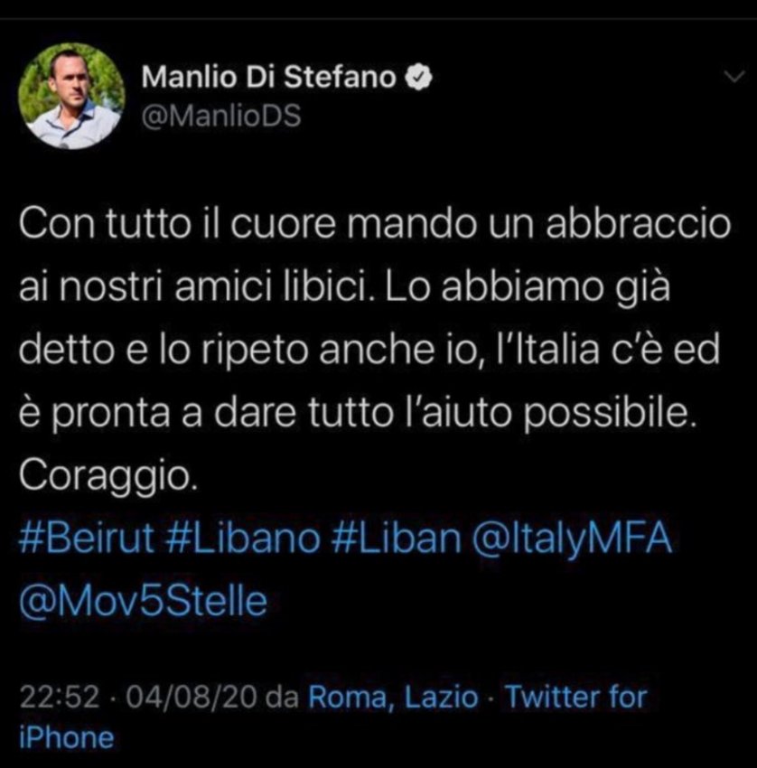 E Manlio Di Stefano abbraccia “i libici” per l’esplosione di Beirut article-post
