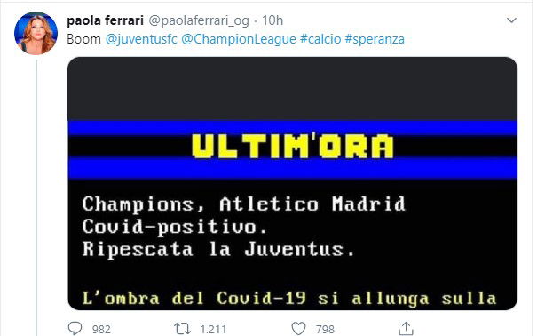 Paola Ferrari e la bufala del ripescaggio della Juve in Champions per i contagiati all’Atletico Madrid article-post