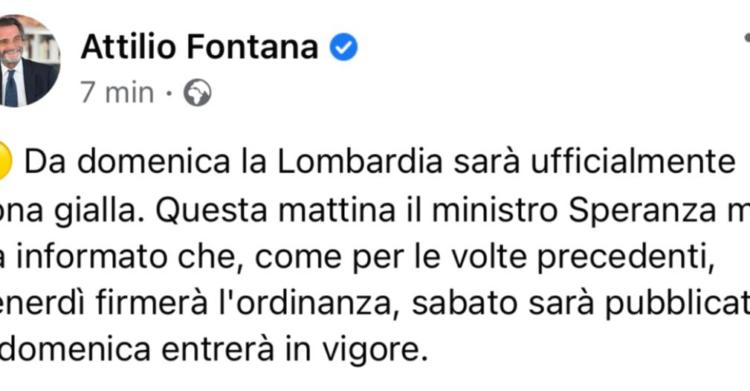 Lombardia zona gialla dal 13 dicembre