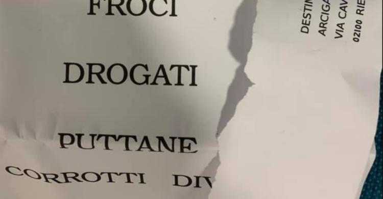 lettera minacce arcigay rieti speriamo che il covid vi uccida