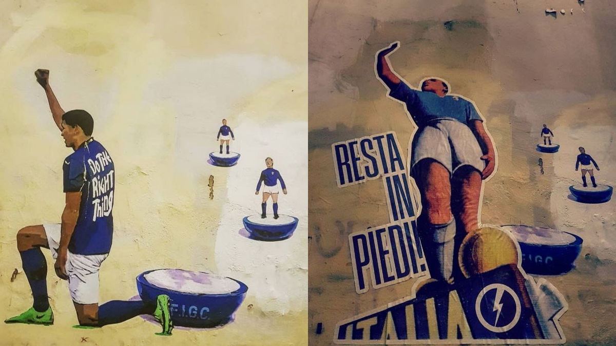 Lo sfregio di CasaPound in stile Ventennio al murale per gli azzurri in ginocchio article-post