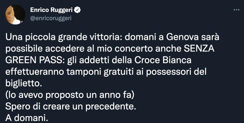 Concerto Enrico Ruggeri senza Green Pass
