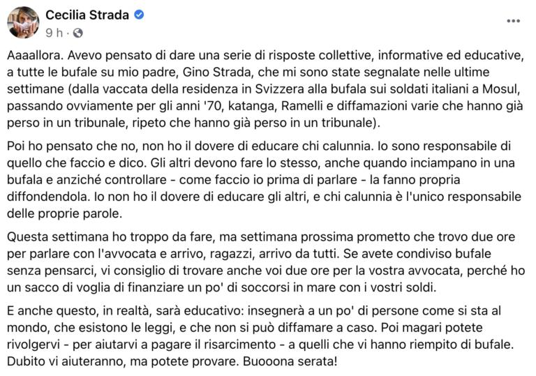 Cecilia Strada denuncia tutti quelli che hanno condiviso bufale sul padre Cecilia Strada denuncia tutti quelli che hanno condiviso bufale sul padre