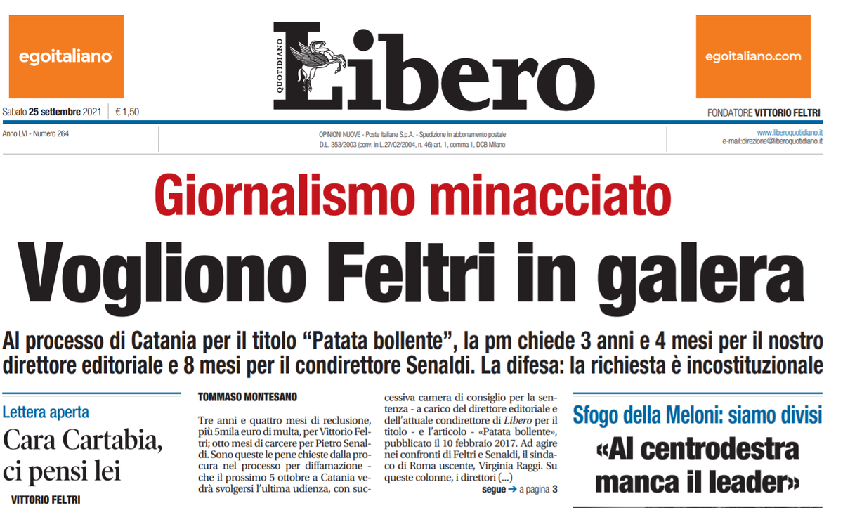 Feltri rischia il carcere per il titolo “Patata bollente” e usa Libero per difendersi article-post