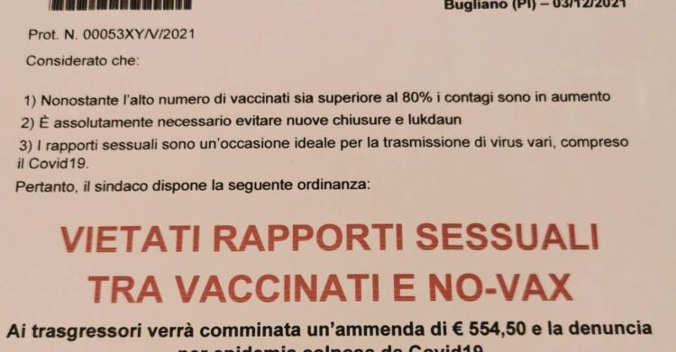 Divieto rapporti sessuali vaccinati no vax