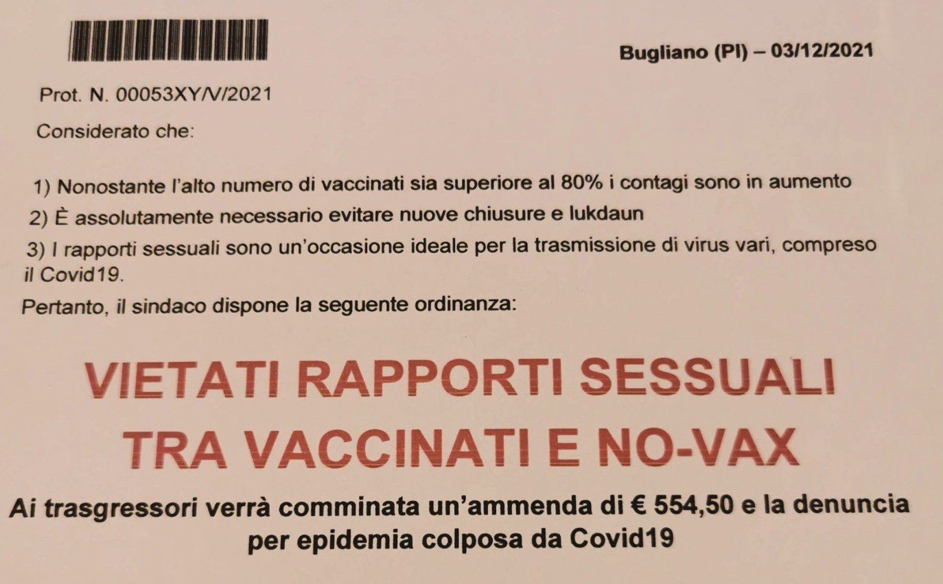 Divieto rapporti sessuali vaccinati no vax