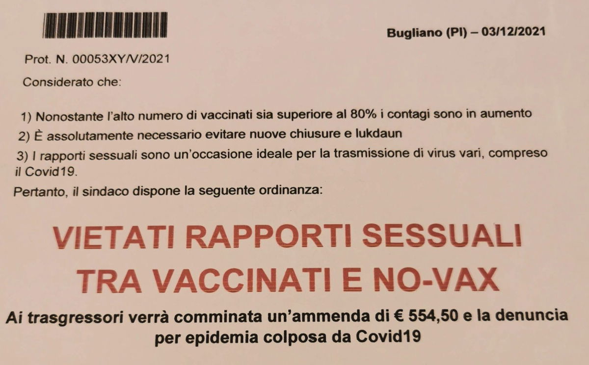 Rapporti sessuali vietati tra vaccinati e no vax? C’è chi ci crede, ma succede solo a Bugliano article-post