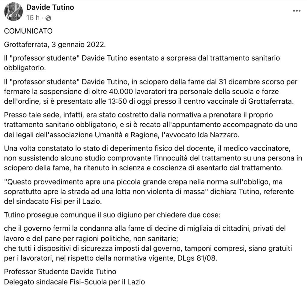 Davide Tutino post Facebook