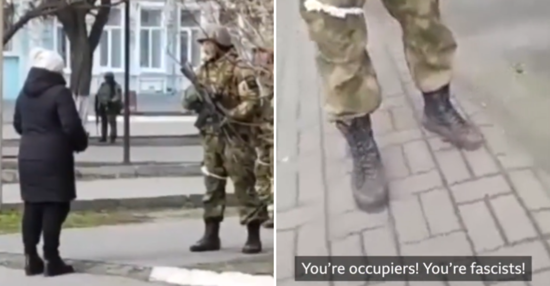 donna regala semi girasole soldati russi ucraina