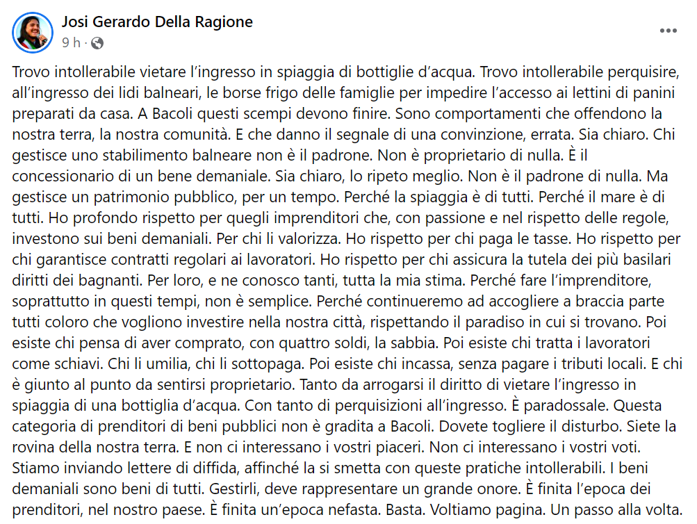 sindaco bacoli post lidi