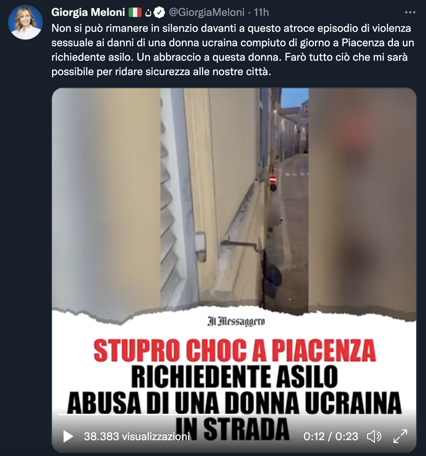 Giorgia Meloni video stupro Piacenza