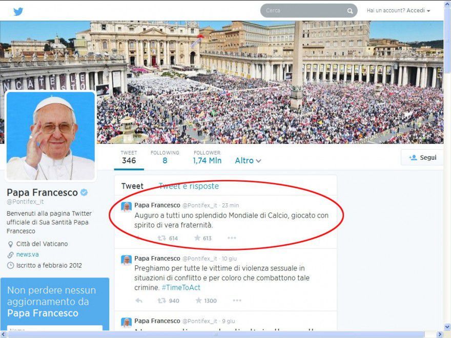Mondiali 2014: Papa Francesco fa augurio su twitter article-post