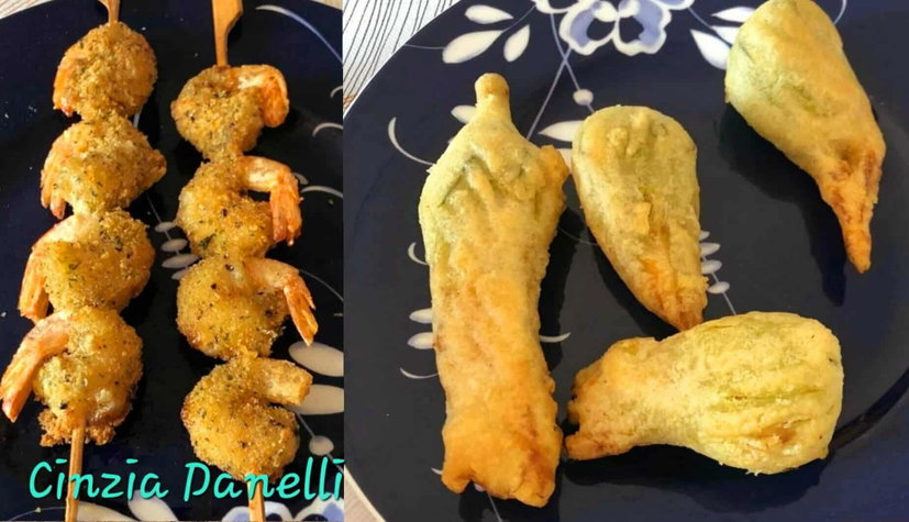 Spiedini di gamberi e fiori di zucca in pastella, come cuocere cibi surgelati in friggitrice ad aria preview