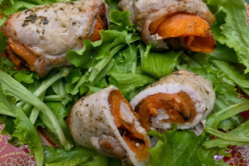 Involtini di maiale con la zucca in friggitrice ad aria, il secondo veloce light preview