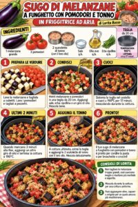 Sugo di melanzane a funghetto con pomodori e tonno in friggitrice ad aria