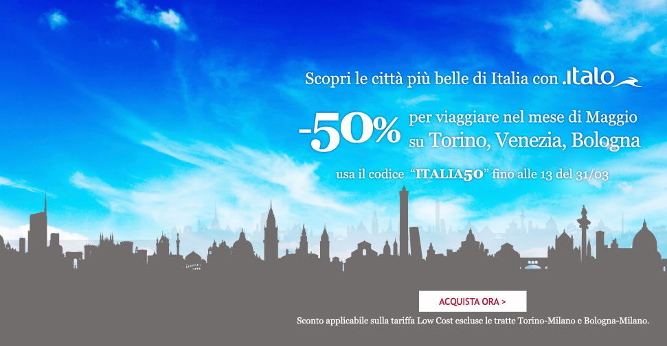 Codice sconto Italo treno del 50% per viaggiare da e per Torino, Bologna e Venezia
