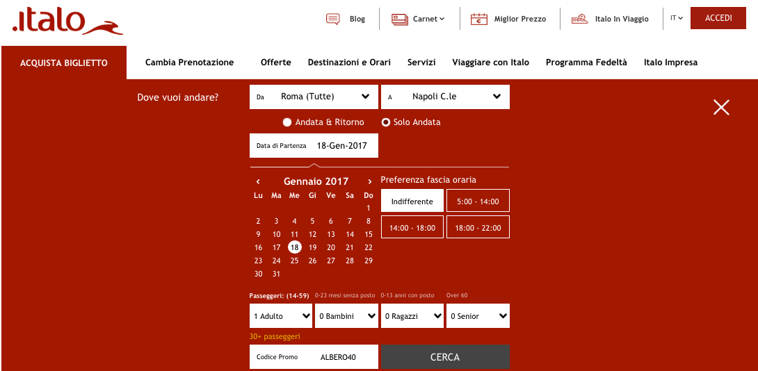 Codice promo Italo biglietti scontati del 40