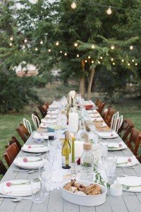 Long table set with plates and glasses, food and drink in a garden.